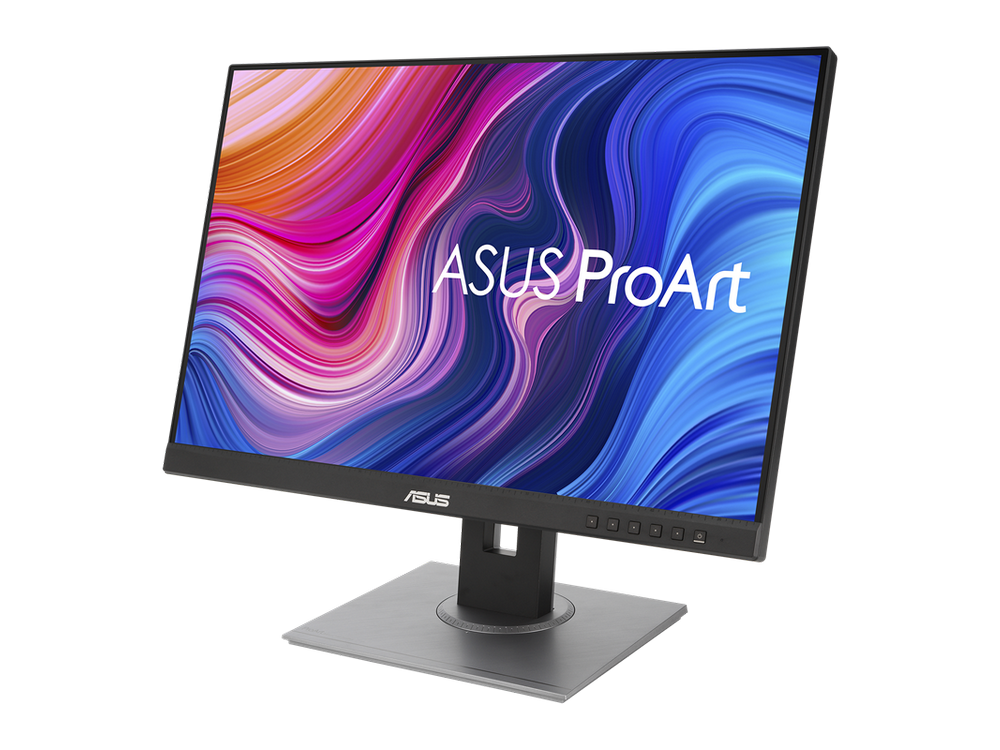 Monitor Asus ProArt con pantalla abstracta colorida. El soporte es visible.
