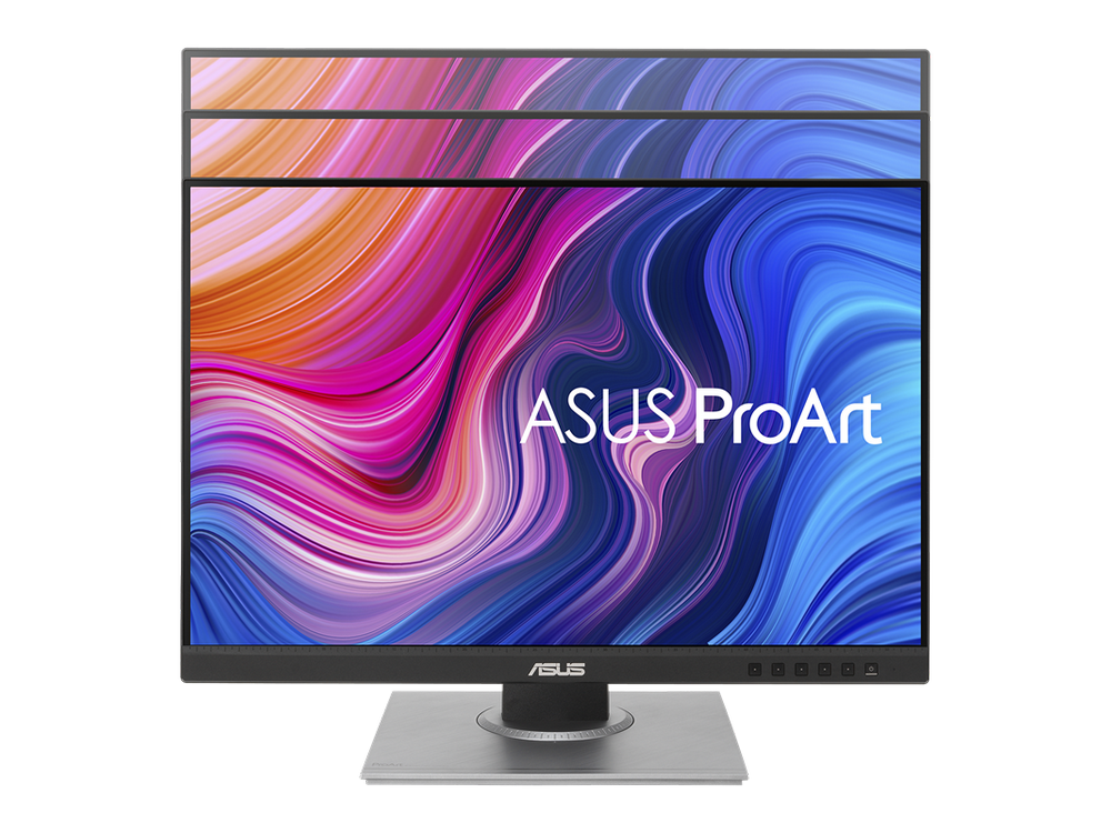 Monitor ASUS ProArt con obras de arte abstractas coloridas en pantalla y soporte plateado.