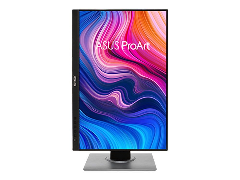 Monitor ASUS ProArt en modo retrato sobre soporte plateado, fondo oscuro.