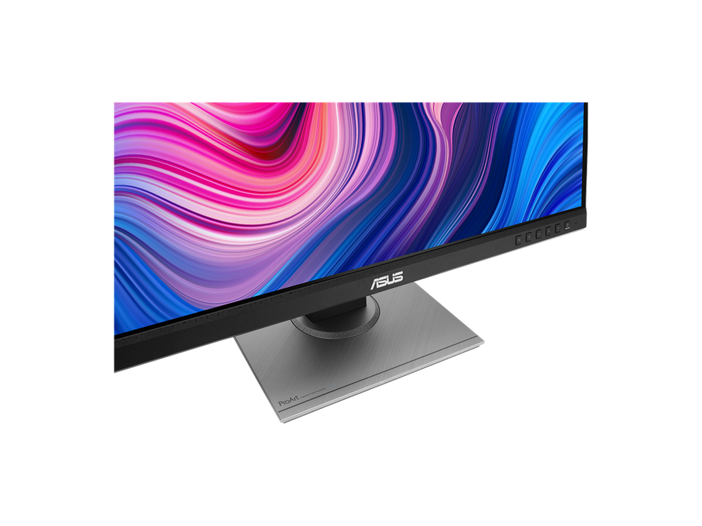 Un monitor con una pantalla abstracta colorida, con soporte plateado y bisel negro.