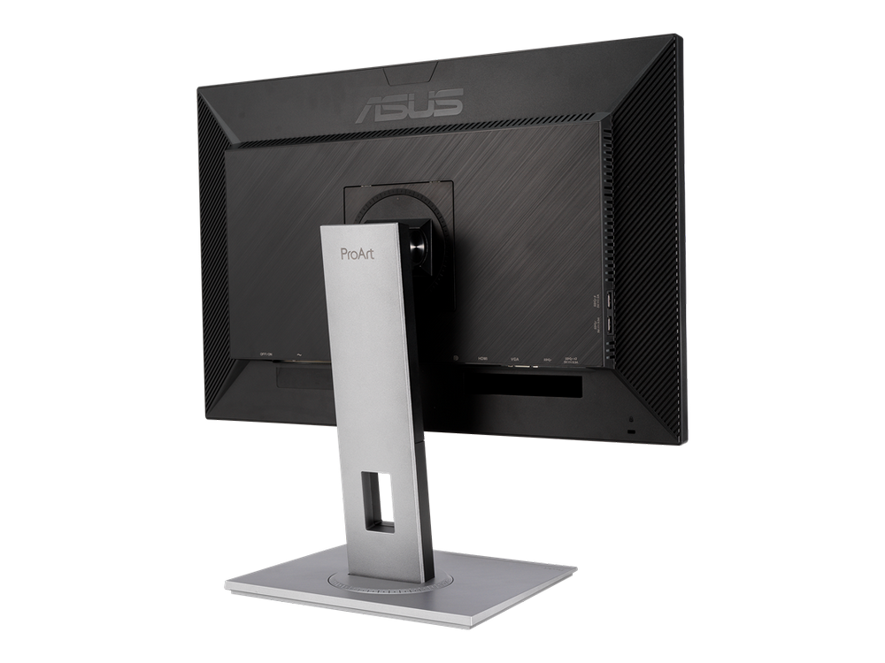 Monitor ASUS ProArt negro, vista trasera, con soporte plateado y logo.