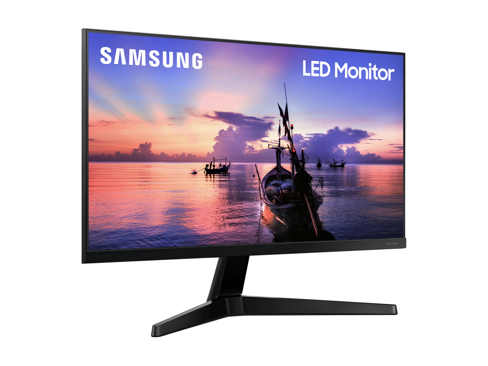 Monitor LED SAMSUNG que muestra un atardecer sobre el mar con botes.