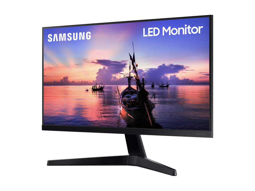 Monitor LED SAMSUNG que muestra un atardecer sobre el mar con botes.