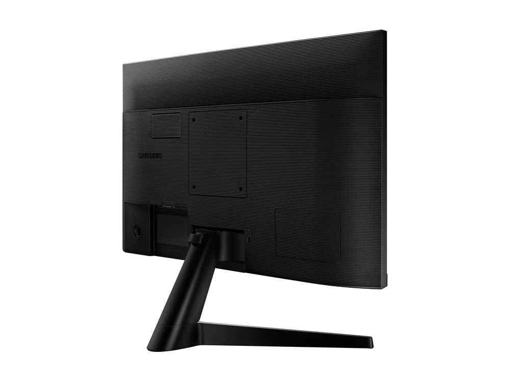 Un monitor Samsung negro. El monitor está en ángulo, mostrando la parte trasera y el soporte.