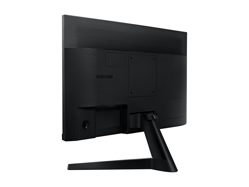Monitor de computadora negro, vista trasera, sobre fondo blanco. Logo Samsung visible.
