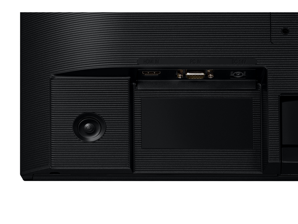 Parte trasera de un monitor negro con puertos HDMI, PC IN y DC 14V, y un botón de encendido.