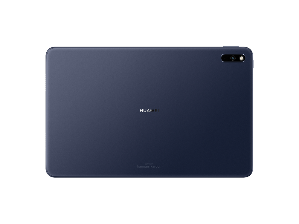 Vista trasera de una tableta azul oscuro con 'HUAWEI'.