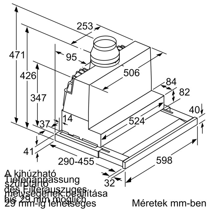 Konyhai páraelszívó műszaki rajza méretekkel és feliratokkal.
