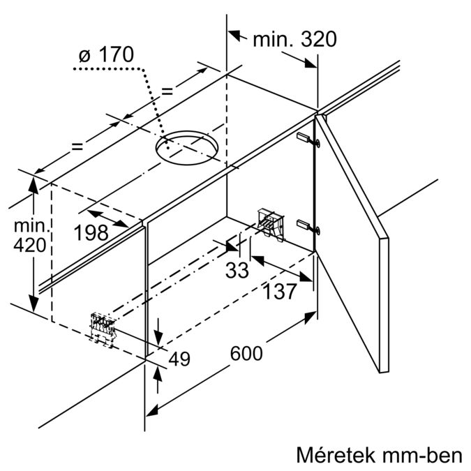 Egy diagram a konyhai elem méreteiről mm-ben. Tartalmaz egy szekrényt és néhány ajtót.