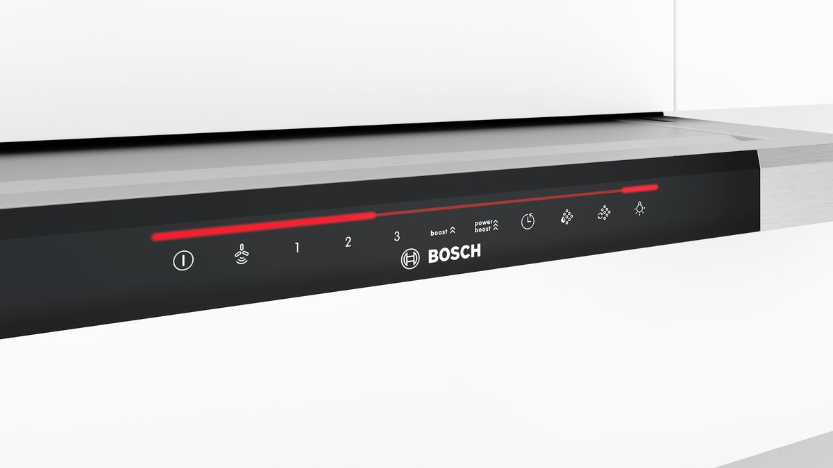 Közelkép egy Bosch páraelszívó vezérlőpaneljáról gombokkal és jelzőfényekkel.