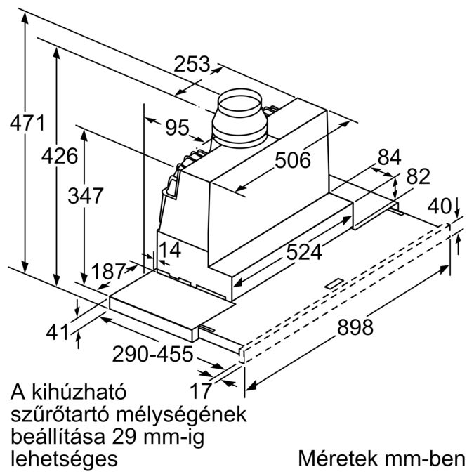 Konyhai elszívó műszaki rajza, milliméterben megadott méretekkel. Német és magyar szöveg.