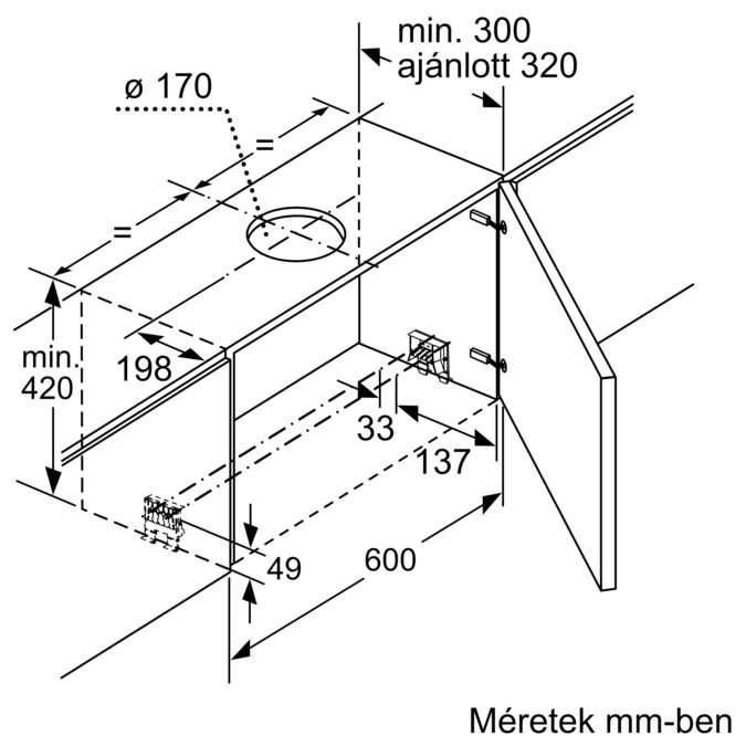 Konyhai páraelszívó diagramja, méretekkel milliméterben. A nyilak és vonalak a méreteket jelzik.
