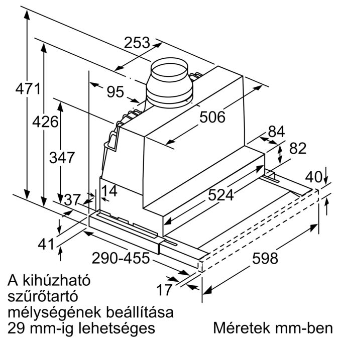 Egy műszaki rajz konyhai páraelszívó méreteivel, mm-ben megadott méretekkel.