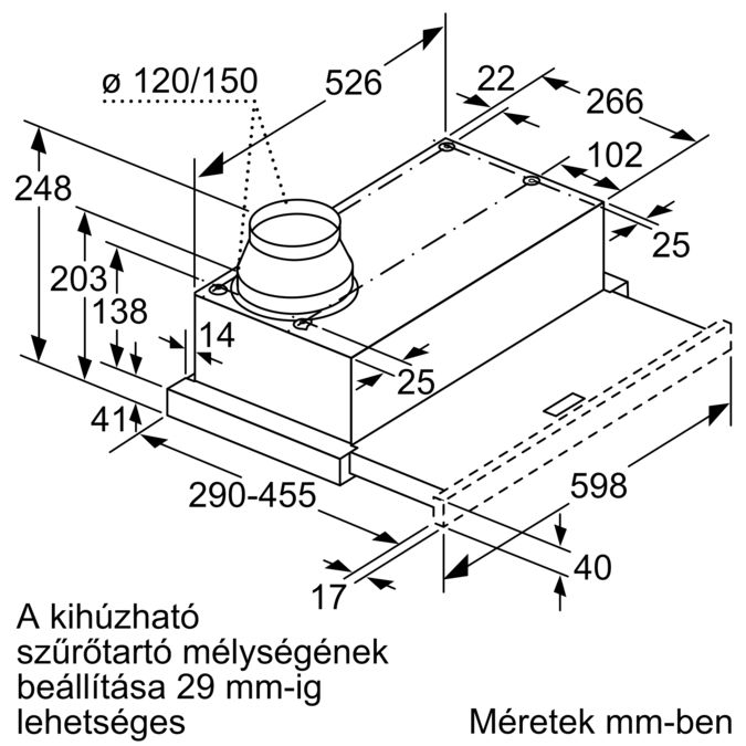 Konyhai páraelszívó műszaki rajza. A méretek mm-ben vannak megadva. Különböző vonalak és méretek láthatók.