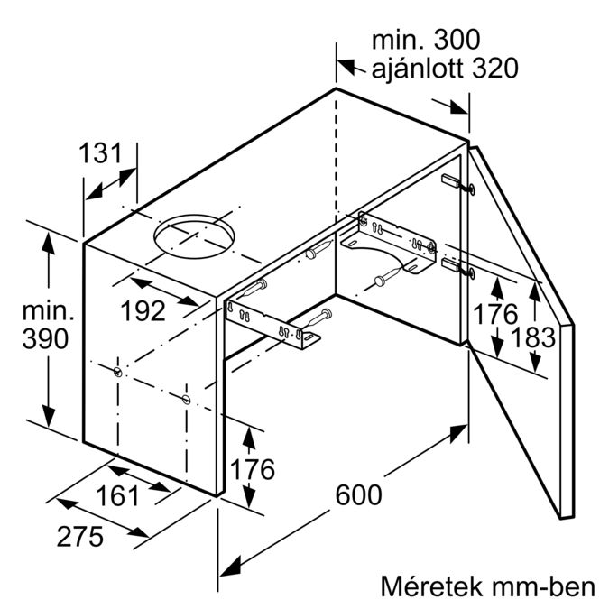 Konyhai páraelszívó műszaki rajza, méretekkel mm-ben. A nyitott ajtók a belsőt mutatják.