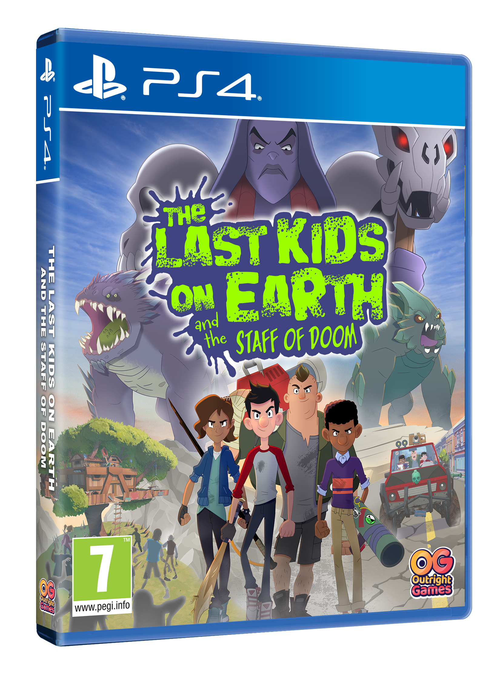 PS4 játék borítója rajzolt karakterekkel kék háttéren. A cím: 'The Last Kids on Earth'.