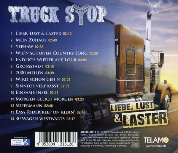Albumcover von Truck Stop, mit LKW-Grafik, Trackliste und Künstlernamen.