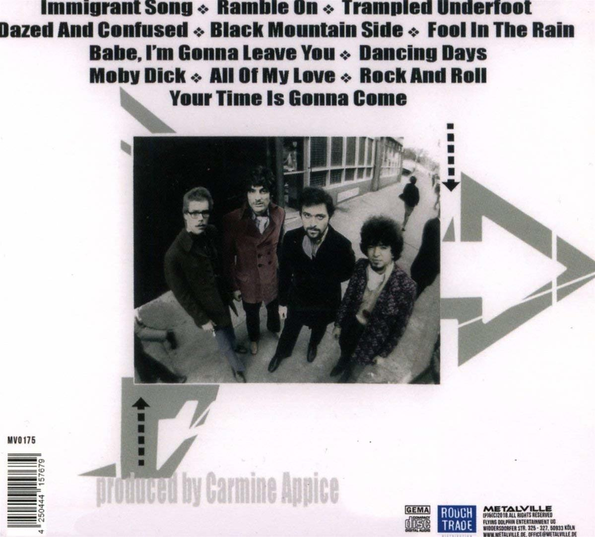 Albumcover mit Bandmitgliedern. Text: Immigrant Song, Ramble On, All Of My Love usw.