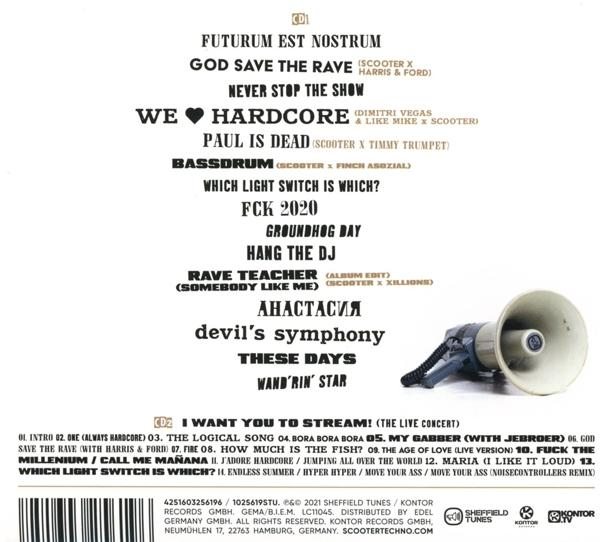 CD-Rückseite mit Songtiteln, einem Lautsprecher und Logos, mit einem weißen und schwarzen Hintergrund.
