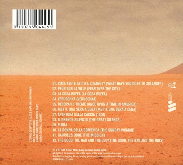 CD-Rückseite mit Titelliste auf Italienisch. Beigefarbener Hintergrund mit Text und Logo.