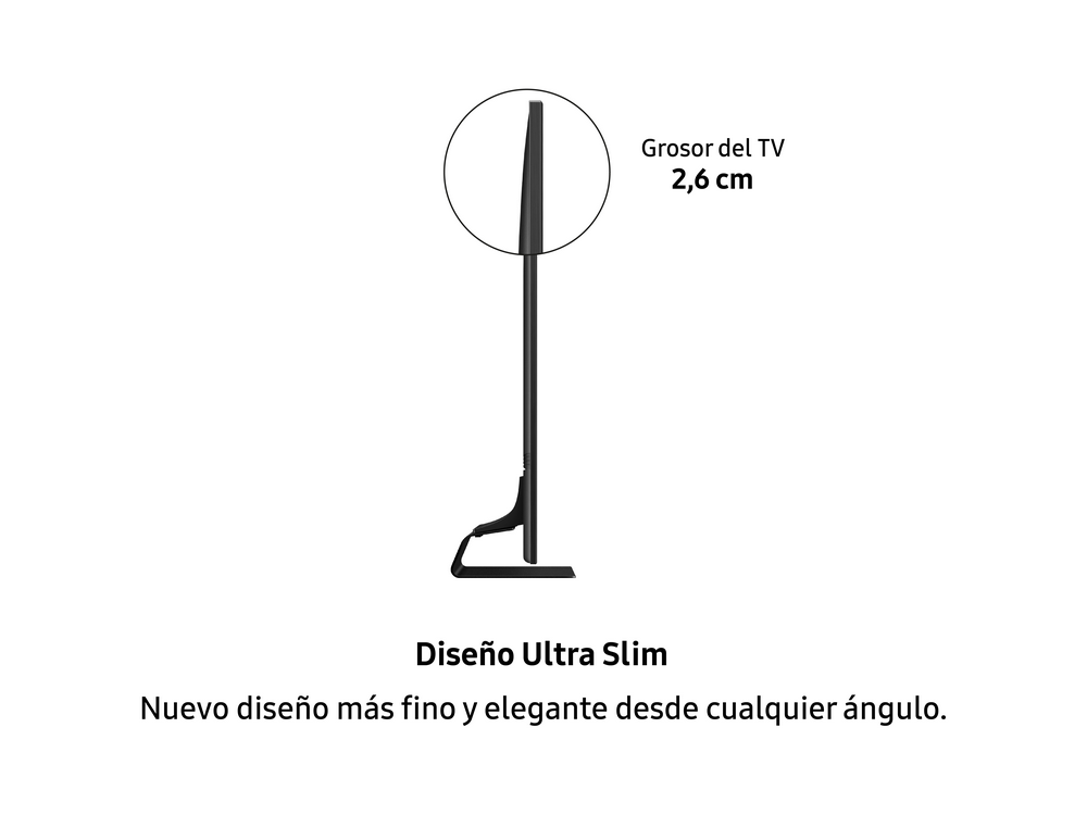 Diseño de TV ultradelgado con texto en español, mostrando el perfil del TV con dimensiones. Fondo blanco.