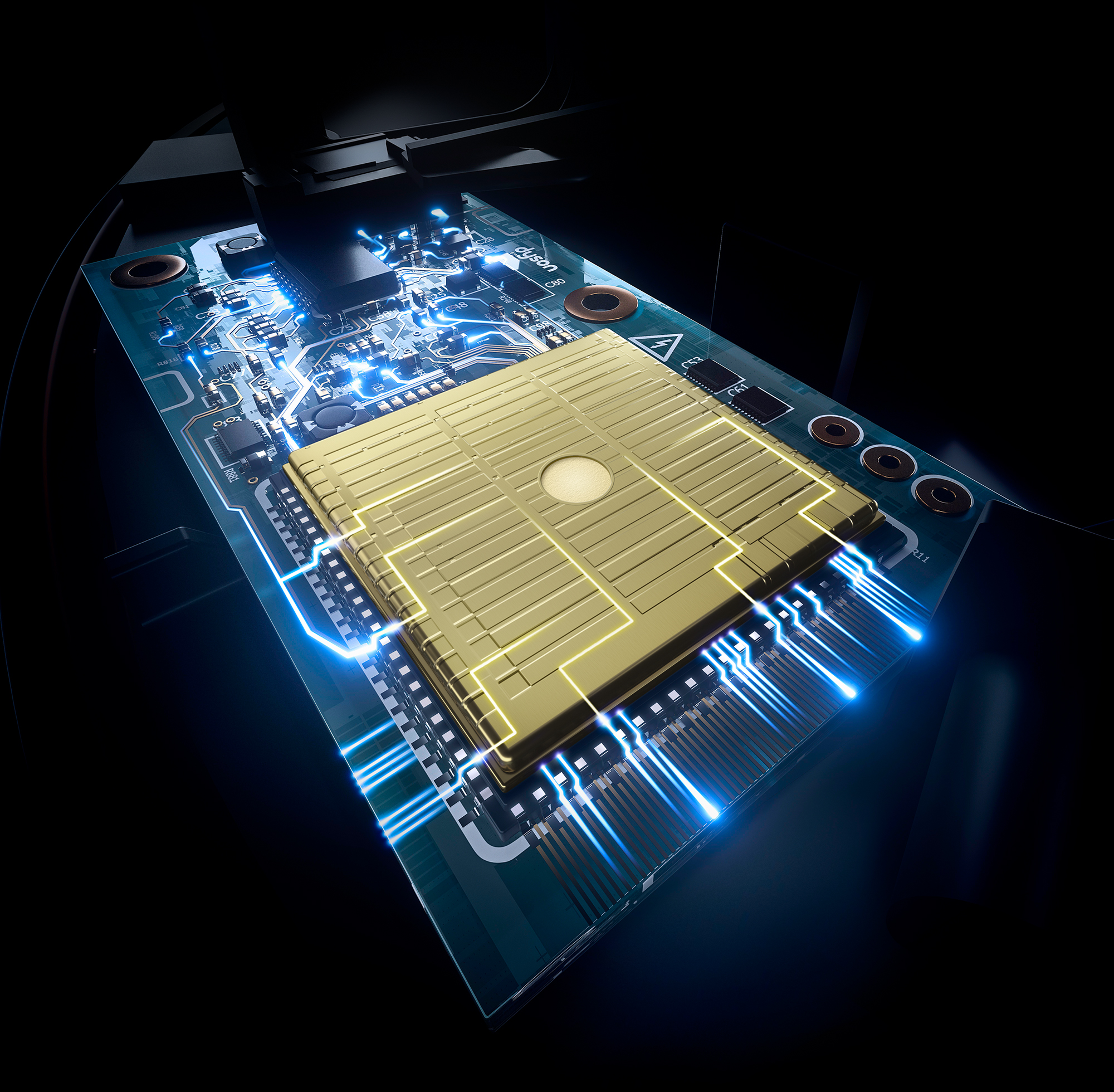 Primo piano di un circuito stampato con chip dorato, linee blu luminose.