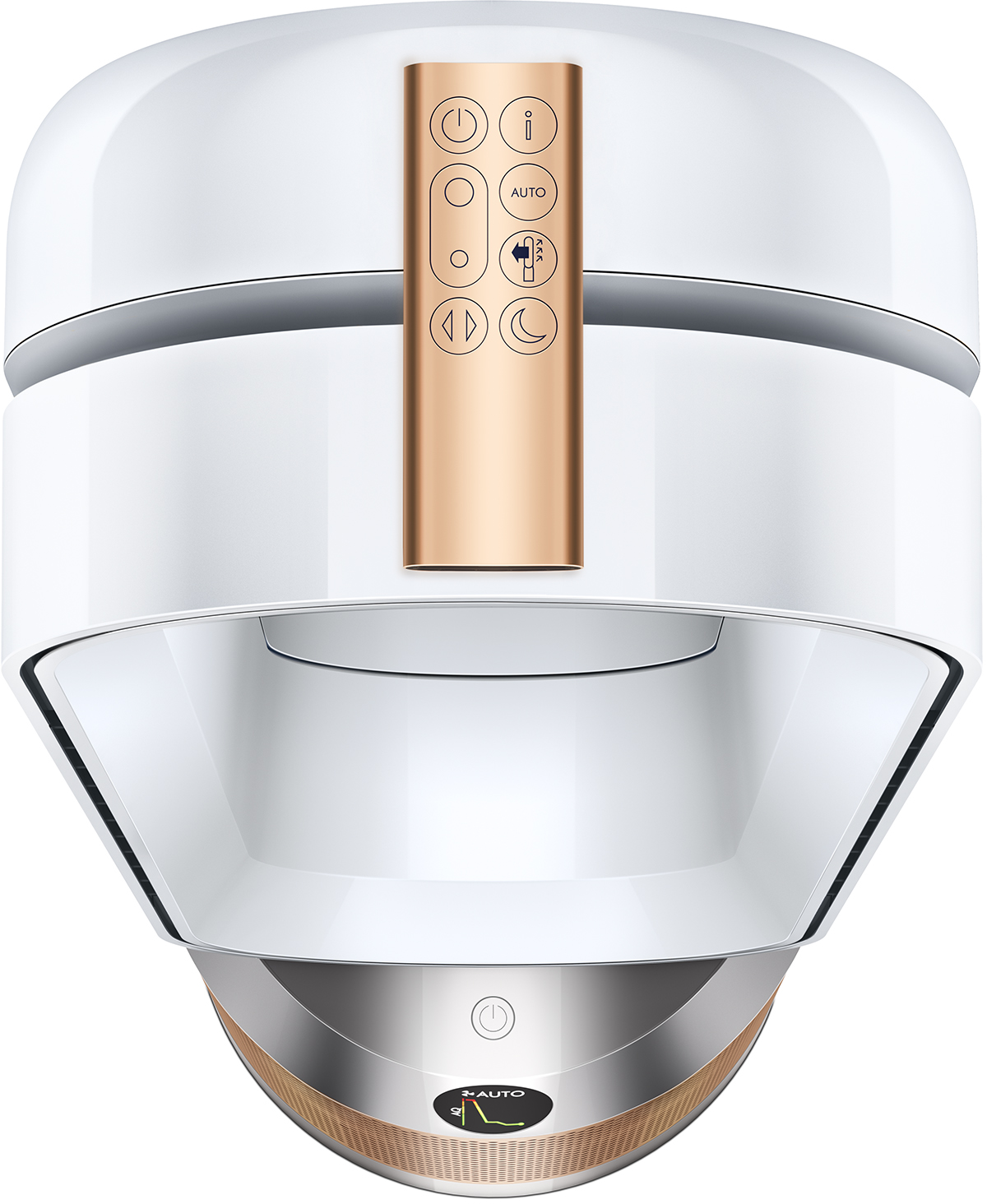 Purificatore d'aria Dyson bianco e argento con telecomando dorato.