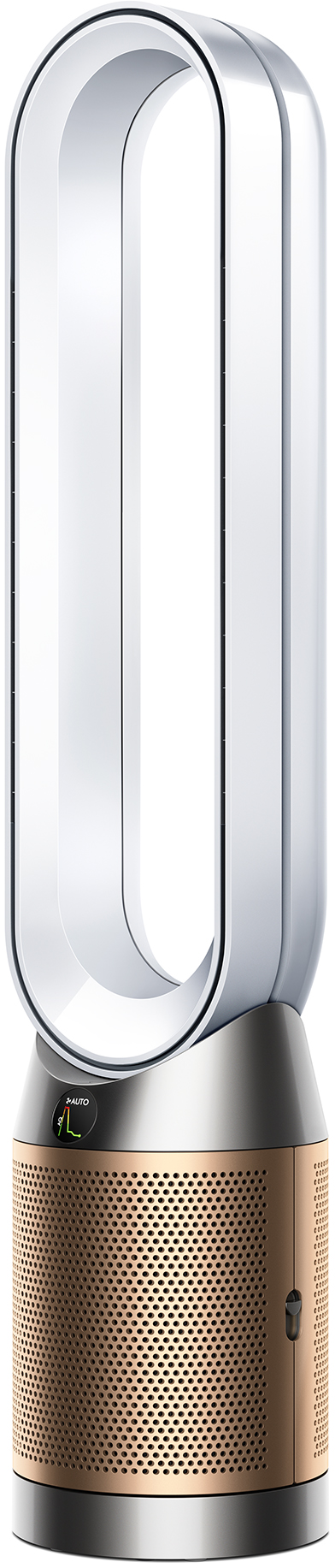 Ventilatore purificatore d'aria Dyson bianco e rame, design curvo e base perforata.