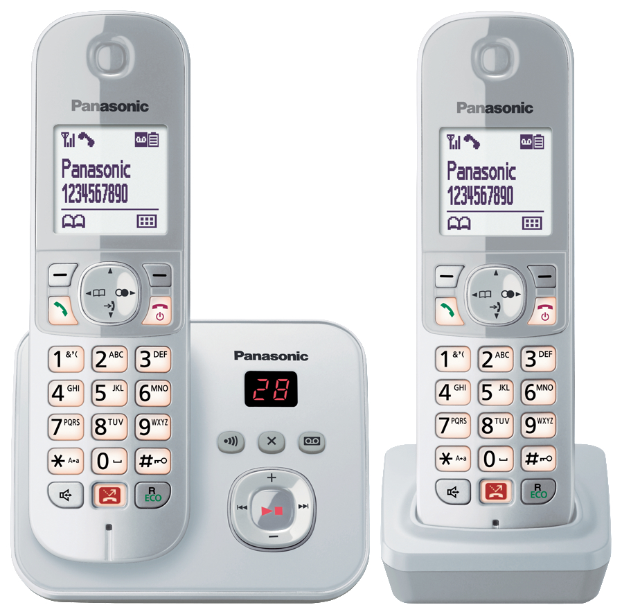 Eine Telefonbasis mit zwei schnurlosen Telefonen, alles hellgrau.