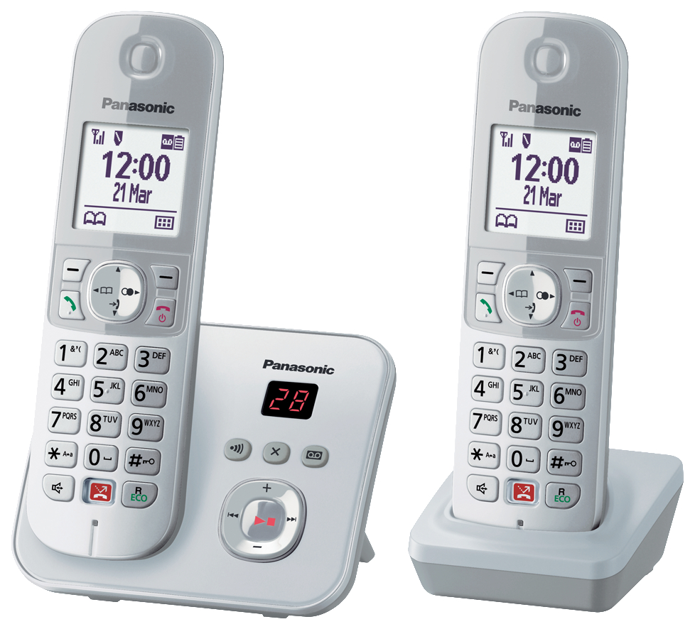 Zwei weiße schnurlose Panasonic-Telefone auf einer Ladestation mit Digitalanzeige.