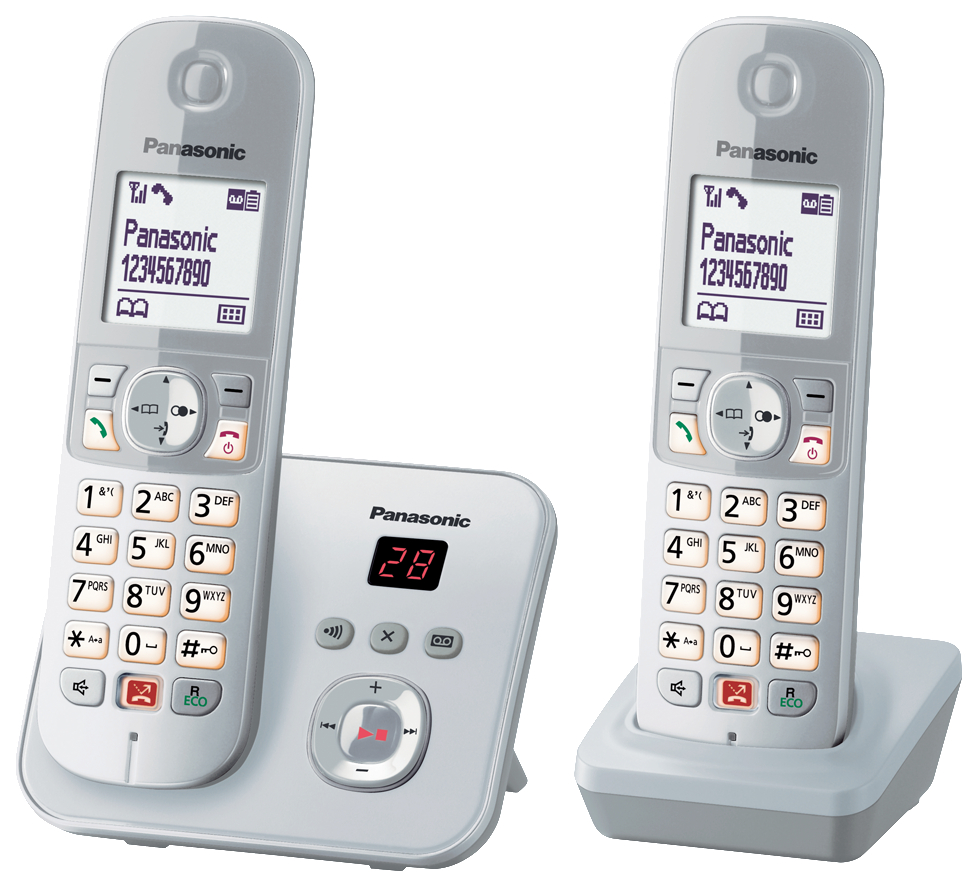 Zwei schnurlose Telefone und eine Basisstation. Telefone sind weiß und grau mit Bildschirmen und Nummernknöpfen.