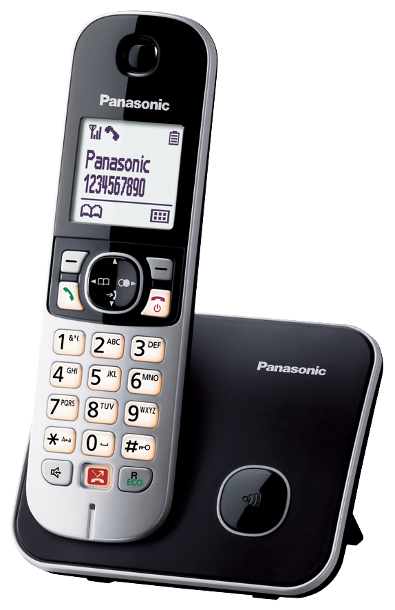 Ein schnurloses Panasonic-Telefon mit Basisstation, das eine Telefonnummer anzeigt.