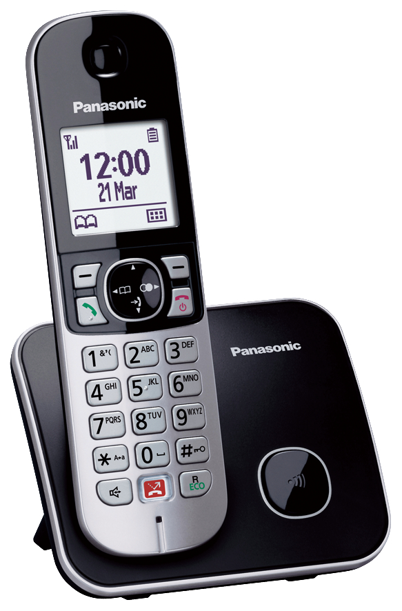 Schnurloses Telefon auf einer Basis. Schwarz und Silber. Anzeige zeigt Datum und Uhrzeit.