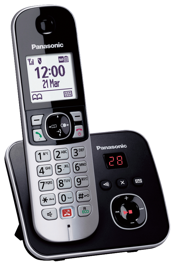 Ein schnurloses Telefon mit Basis. Das Telefon ist silber und schwarz, mit einem Bildschirm, der die Zeit anzeigt.