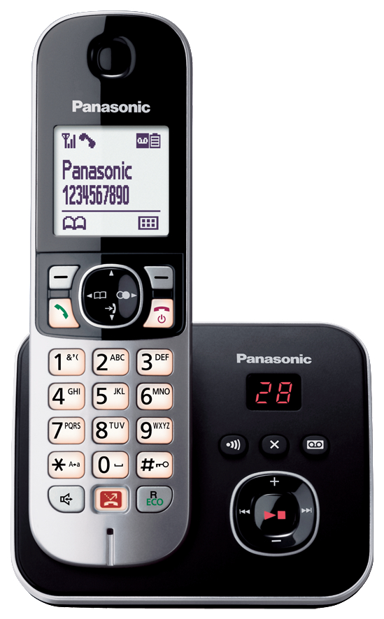 Schwarzes und silbernes Panasonic-Telefon mit Display, das Zahlen und Symbole zeigt.