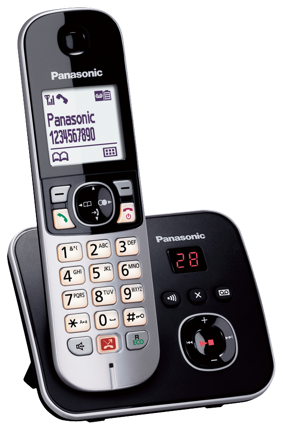 Ein schwarzes und silbernes schnurloses Panasonic-Telefon auf seiner Ladestation.