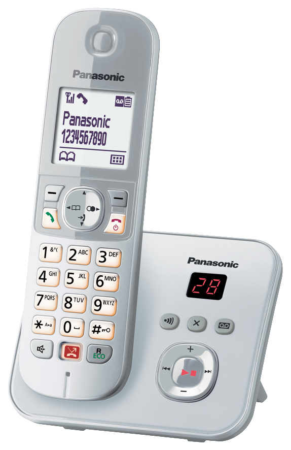 Weißes Panasonic Festnetztelefon mit Basisstation. Ein Bildschirm zeigt die Telefonnummer an.
