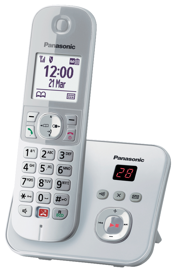 Weißes Panasonic-Telefon mit Display, das Uhrzeit und Datum, Zahlen und Symbole zeigt.
