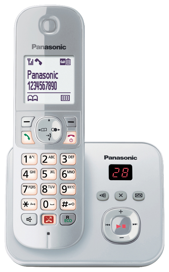 Weißes Panasonic-Telefon mit Display, das Zahlen und Symbole zeigt.
