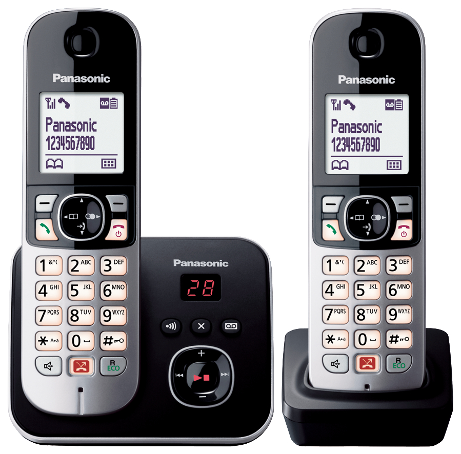 Zwei Panasonic-Telefone mit Basis. Ein Telefon auf der Basis, das andere daneben. LCD-Anzeigen zeigen Telefonnummern.