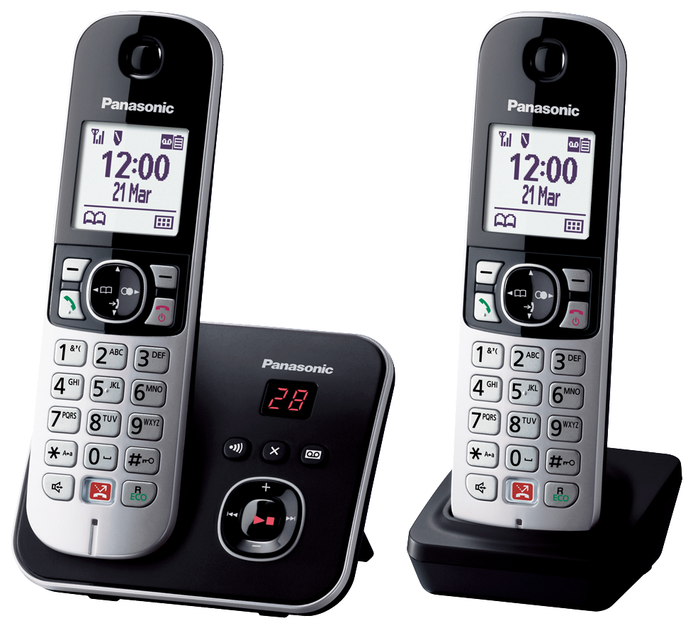 Zwei weiße Panasonic-Telefone mit schwarzen Basen, Anzeige von Uhrzeit und Datum.