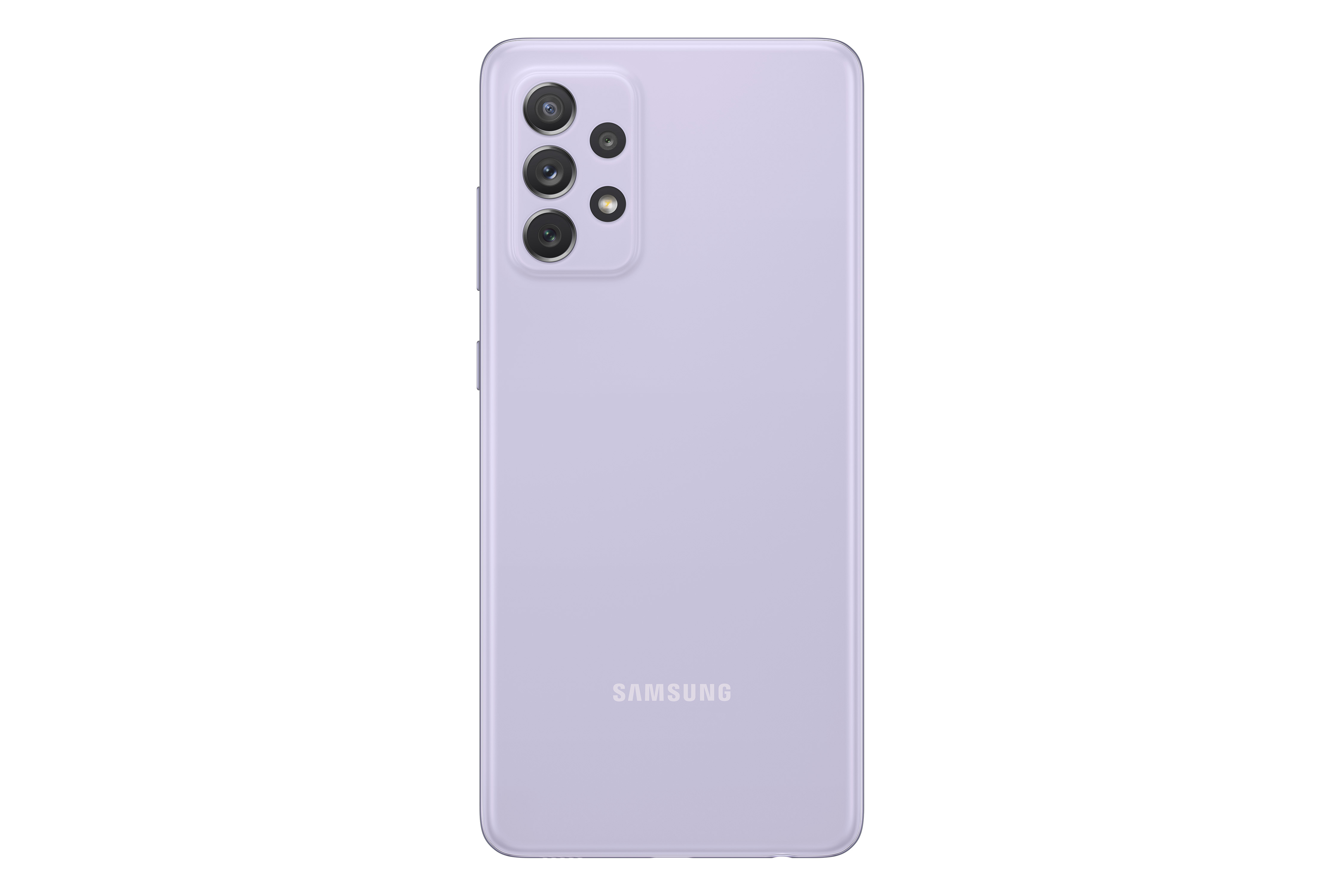 Mor renkli bir Samsung akıllı telefonun arka görünümü. Kamera lensleri görülebilir.