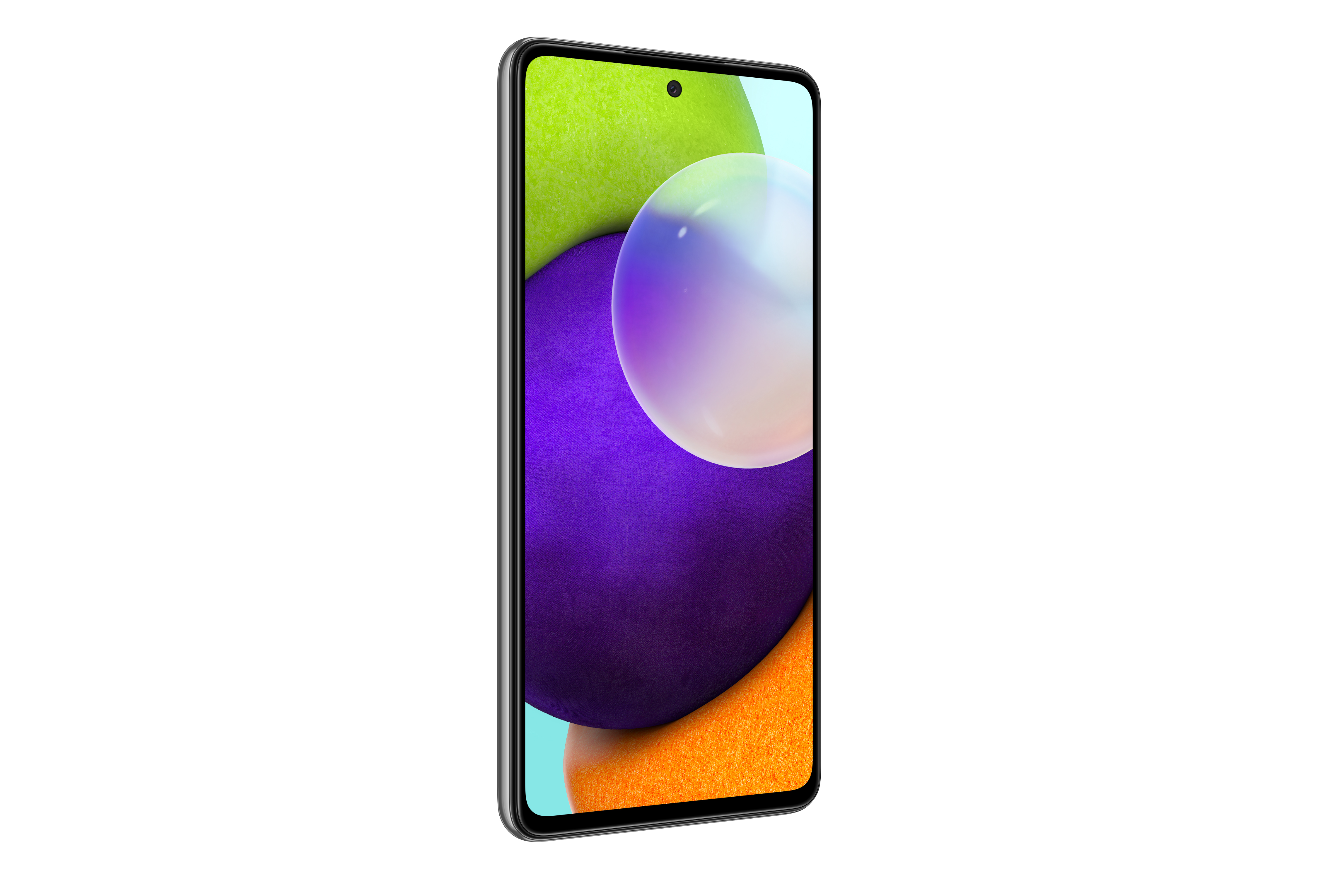 Hafifçe döndürülmüş, renkli bir ekran gösteren bir Samsung akıllı telefon.