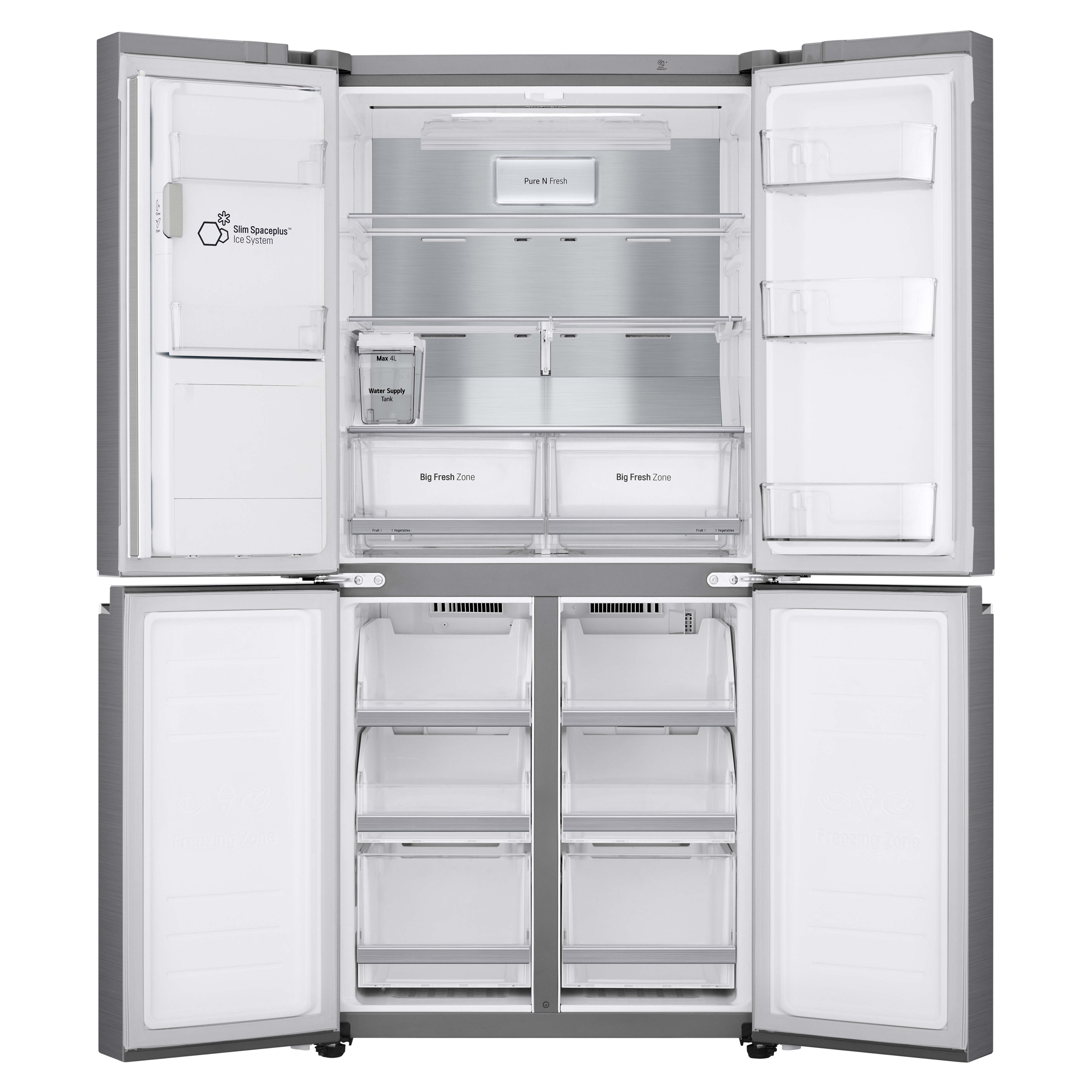 Offener Kühlschrank: Regale, Schubladen. Edelstahl-Innenraum. Weißer Hintergrund.