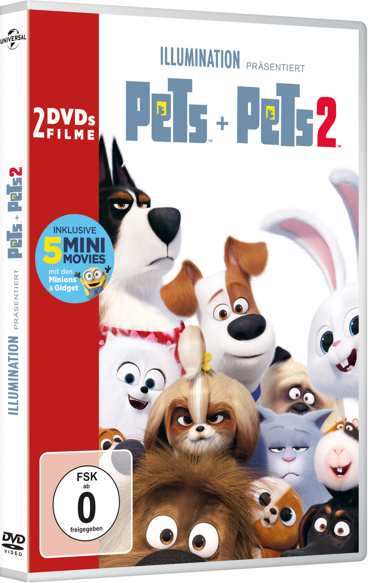 Eine DVD-Hülle mit einem bunten Bild von animierten Haustieren. Der Titel lautet Pets + Pets 2.