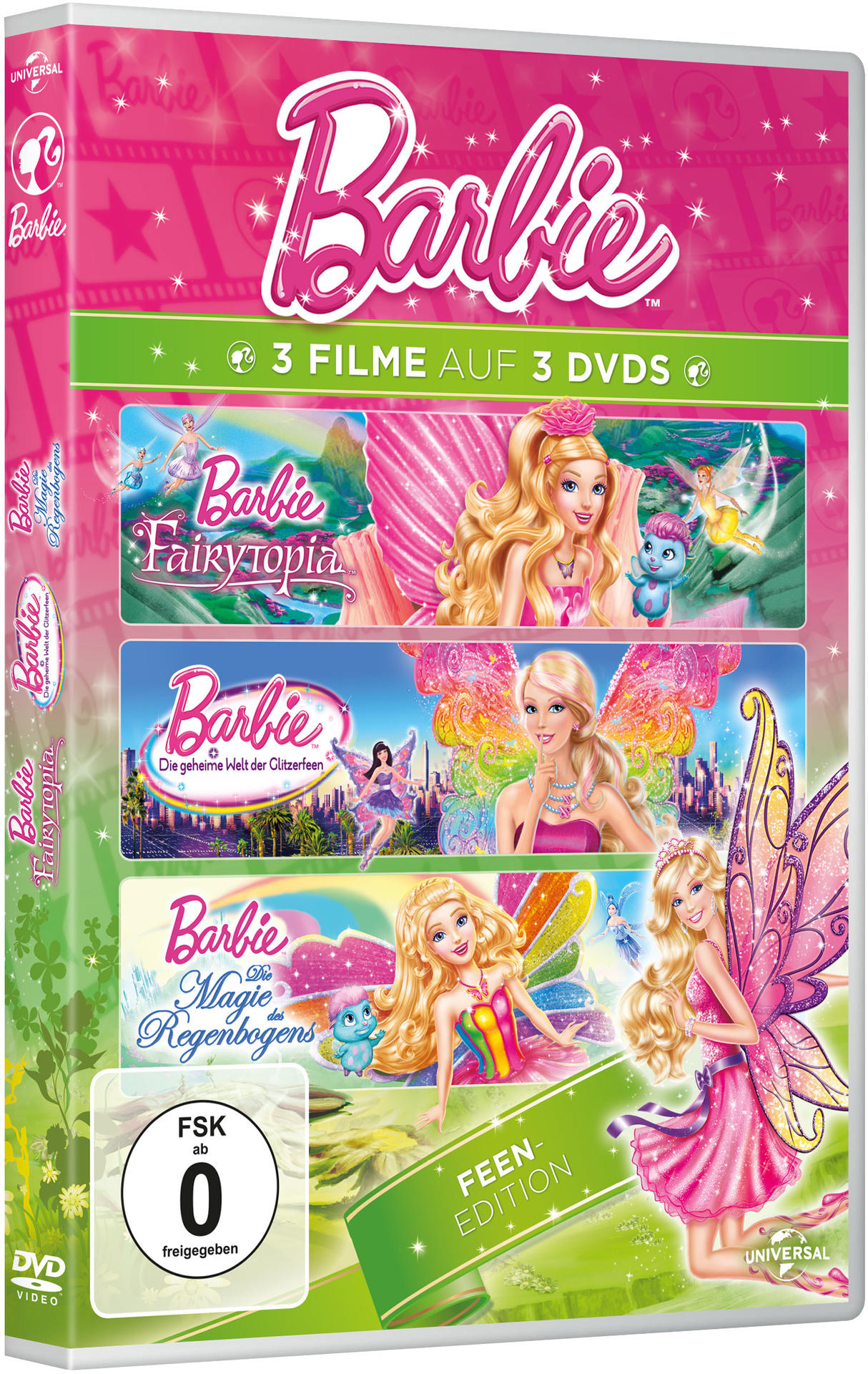 Barbie DVD-Set mit drei Barbie-Filmen, verschiedenen Titeln, in einer rosa-grünen Box.