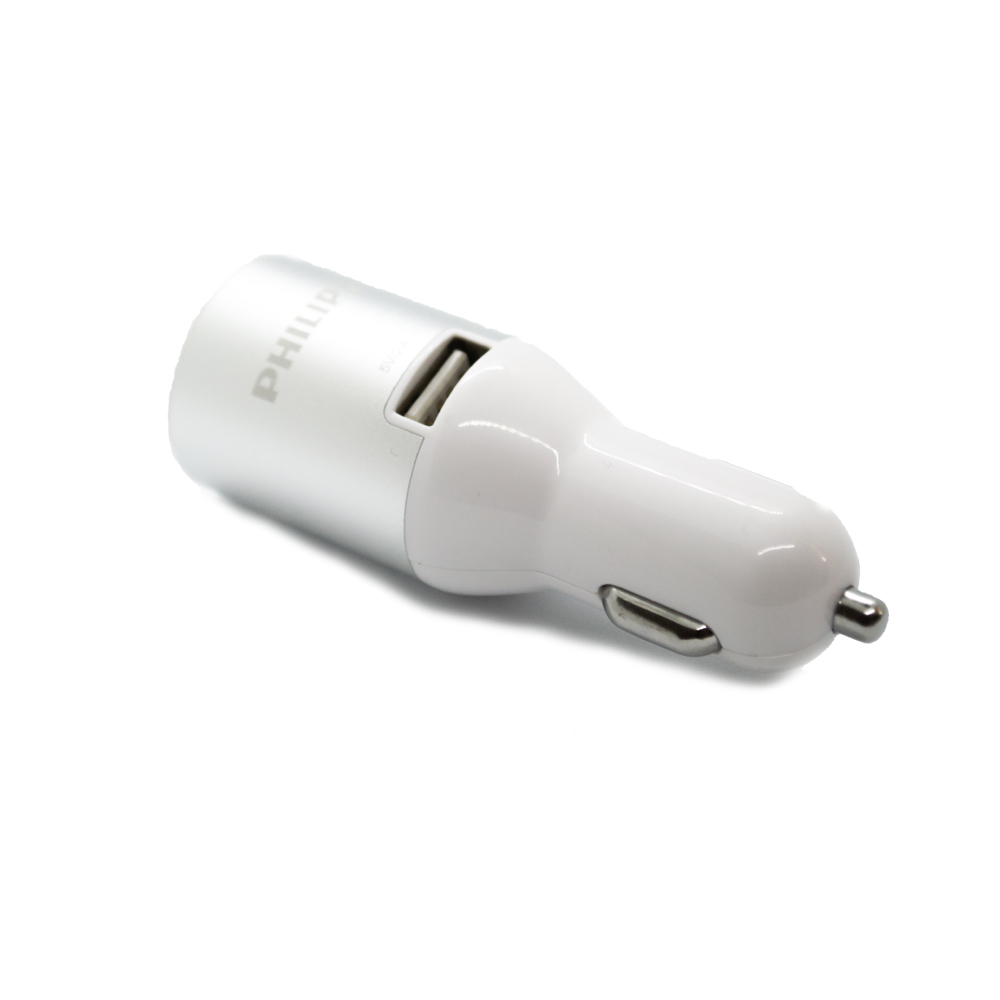 İki USB portlu gümüş ve beyaz Philips araç şarj cihazı.