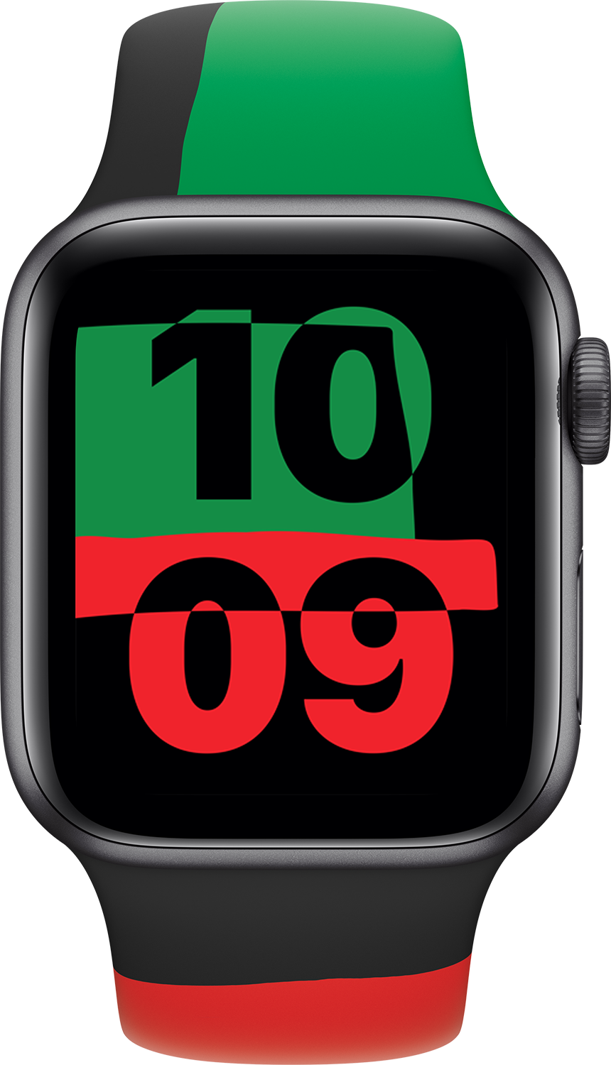 Apple Watch met een wijzerplaat met een Pan-Afrikaans vlagontwerp.