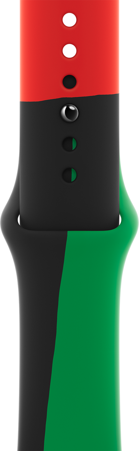 Horlogeband met rode, zwarte en groene secties. De band heeft gaten voor aanpassing. De kleuren zijn verticaal.