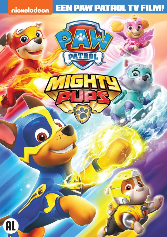 DVD-hoes van Paw Patrol: Mighty Pups. Toont cartoonpups in actieposities.